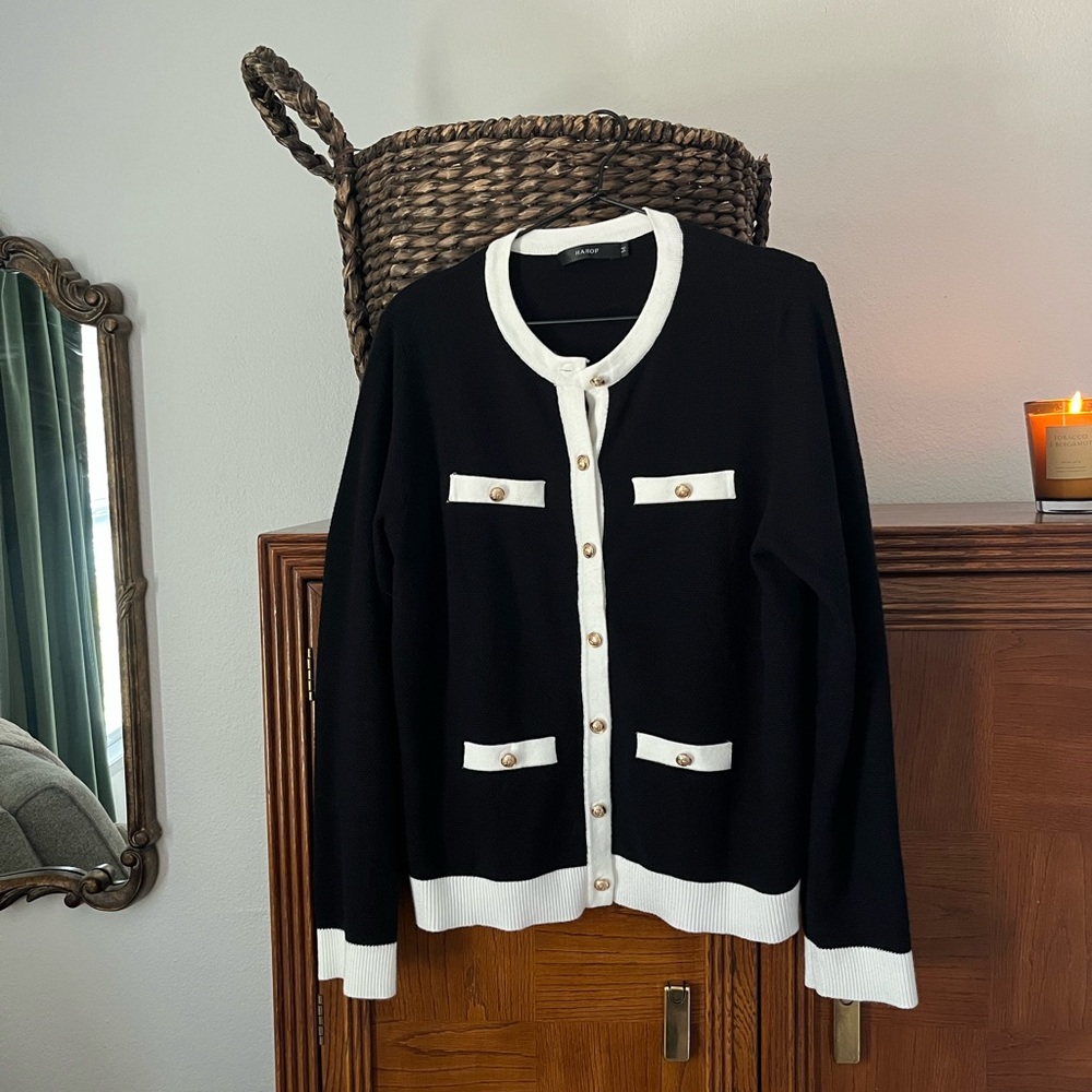Black and White Cardigan with Gold Buttons